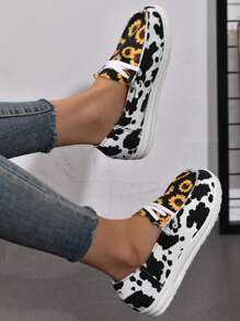 女士向日葵和奶牛图案便鞋，轻便户外步行鞋 - 明黃色 - 查看 6