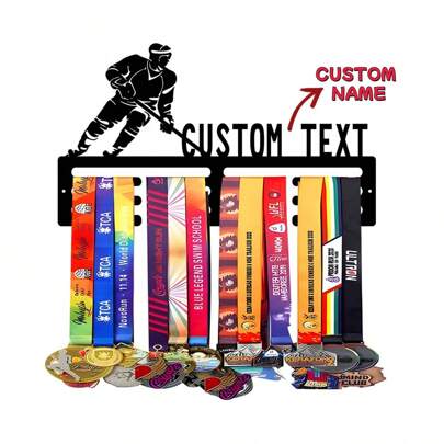 1pc Customized Hockey Player Award Medal Display Stand, Personalized Name Text Medal Holder, Iron Art Home Wall Decor Rack, Suitable For Bedroom, Living Room, Entrance Hall