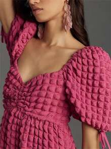 Women's Puff Sleeve Midi Dress Bubble Textured Smocked Sweetheart Neck Ruffled Flowy Dress - Hot Pink - View 5