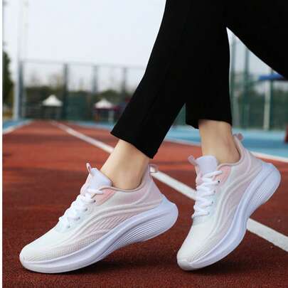 女士粉色运动鞋，针织鞋面，透气柔软鞋底，轻便，舒适，适合旅行、跑步、锻炼、健身、网球