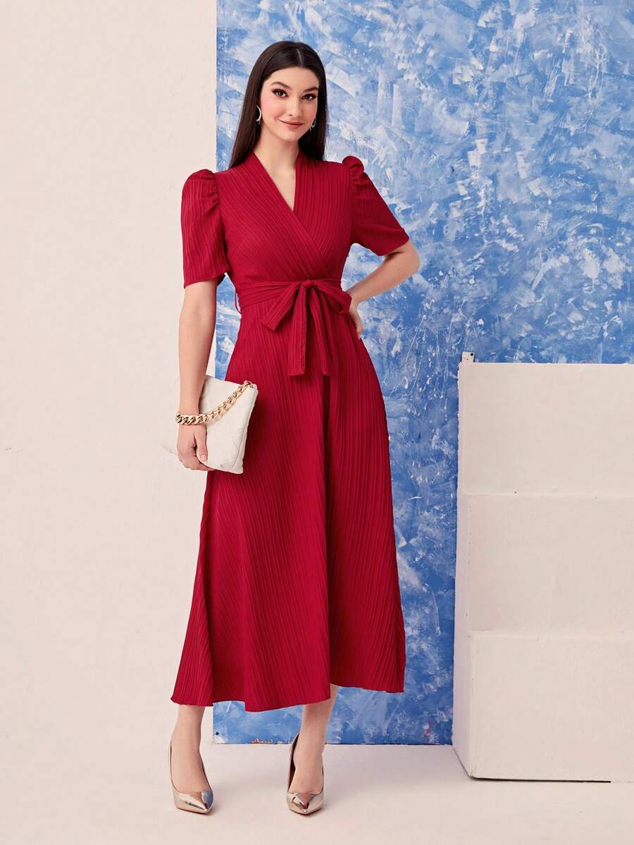 Vestido rojo casual y elegante de cuello en V cruzado, de manga larga, para mujer, de primavera y verano