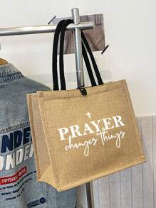 Geantă tote din in negru cu model inspirațional de litere și geantă de machiaj, geantă de cumpărături portabilă