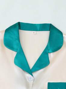 Bộ đồ ngủ 3 món bằng vải satin màu tương phản, cổ bẻ, tay ngắn, một hàng khuy, và quần short cho nữ, thoải mái khi mặc ở nhà, mùa xuân/hè - Nhiều màu - Xem 3