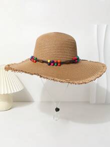 1pc Women's Colorful Beaded Decor Wide Brim Straw Hat, Breathable Summer Sun Protection With Drawstring, Suitable For Daily Matching, Beach Resort Travel, Photography, Fashion & Versatile - Straw Hat - View 2