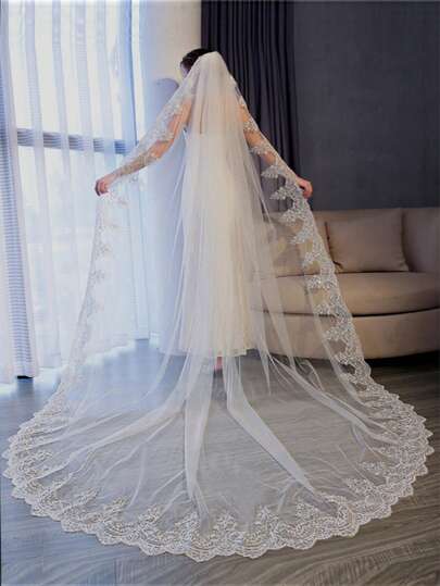 1 件优雅亮片蕾丝贴花长头纱头饰带梳子，新娘婚礼发饰秋季女士服装