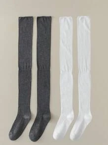 1 o 2 pares de calcetines hasta la rodilla para damas, calcetines gruesos blancos, calcetines largos hasta el muslo de color sólido a juego para botas
