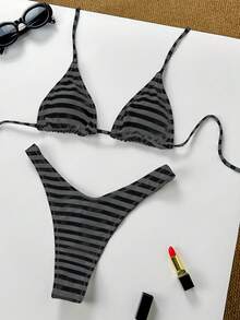 Women's Basic Striped Print Swimsuit, Suitable For Various Occasions From Pool To Beach In Summer, Daily Mini Triangle Bikini Beach Outfit Vacation - Grey - View 3