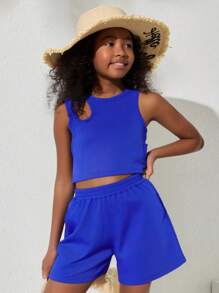Tween Girls' Set Casual Knit Tank Top & Asymmetrical Hem Ribbed Shorts Two Pieces Outfit - Royal Blue - View 7