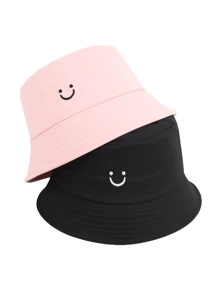 2pcs Women Smiling Face Embroidery Versatile Bucket Hats, Adjustable Festival Couples Casual Sports Hat For Cycling, Sightseeing, Travel, Streetwear, Party