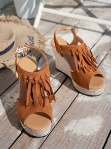 Brown Open Toe Fringes Metal Ring Accent Comfy Fashionable Vacation Beach Sandals, Wedge Heels For Girl - Brown - View 4