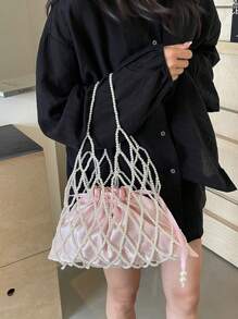 1pc Handmade Beaded Rhombus Weave Pearl Fishing Net Style Handbag, Sweet And Elegant Design For Women, Suitable For Summer Beach Vacation (With Drawstring Inner Pouch)