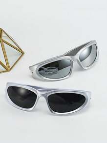 未来主义赛博朋克Y2K银色千年个性化时尚眼镜，男女通用 - 灰色 - 查看 3