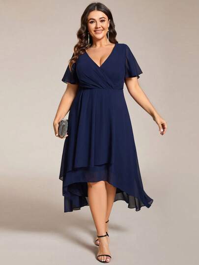 Plus Chiffon Ruffle Trim Contrast High Low Hem Bridesmaid Dress