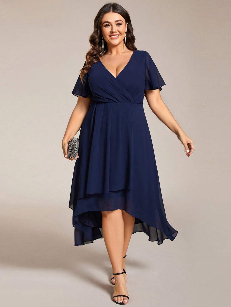 Plus Size Women Chiffon Ruffle Hem Solid Color Elegant High-Low Bridesmaid Dress