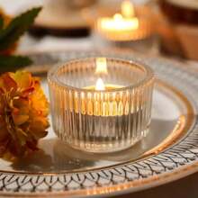 12 Striped Glass Candle Holders, Transparent Mini Candle Holders, Celebration Candle Holders, Suitable For Dining Tables, Coffee Tables, Living Rooms, Tea Lamps, Weddings, Birthday Parties, Anniversaries, Atmosphere Photography, Holiday Atmosphere Candle Holders, Graduation Ceremonies, Party Decorations, Christmas, Halloween, Thanksgiving - trong suốt - Xem 2