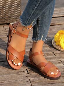 2025年夏季新款时尚厚底凉鞋，时尚百搭交叉复古休闲罗马凉鞋 - 棕色 - 查看 3