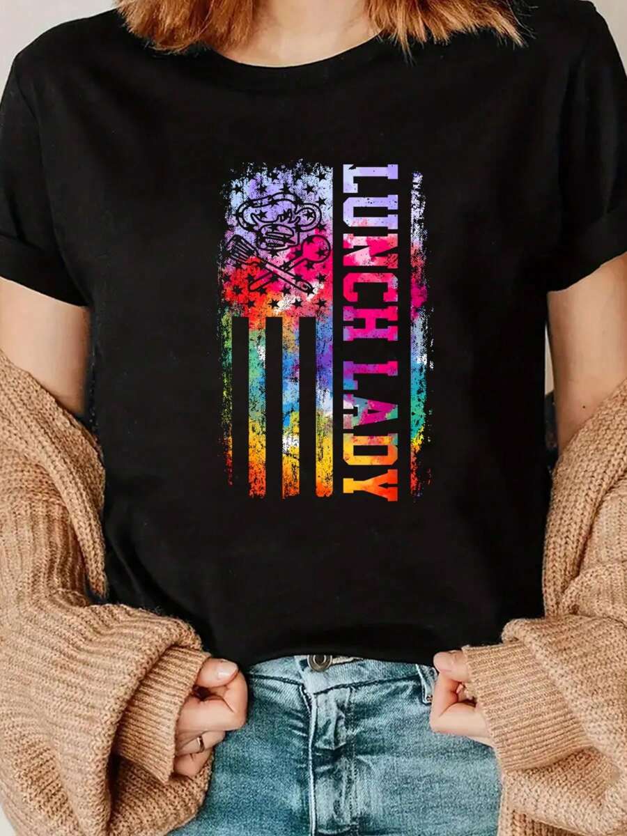 Tie Dye Lunch Lady Back To School First Day Of School Women T-Shirt - 黑色 - 查看 1