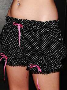 Women's Puffy Shorts Dot Pattern Bow Design Ruffled Low Rise Ruffle Shorts For Summer Vacation - Black - View 4