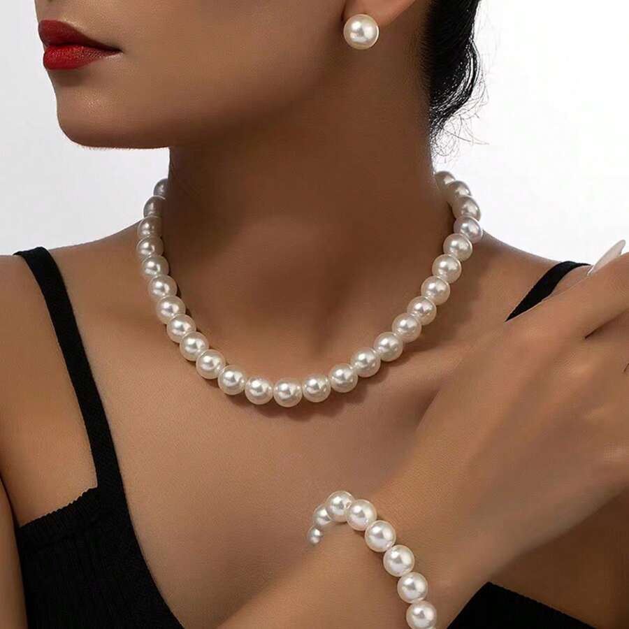 4pcs/Set Korean Ins Style Faux Pearl Earrings, Bracelet, Necklace Jewelry Set, Vintage Minimalist Clavicle Chain For Women