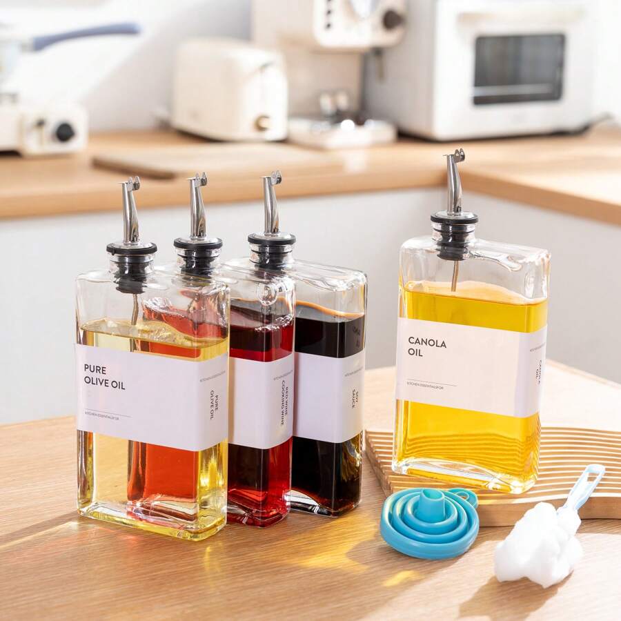 4 Pack 12oz/350ml Gold Olive Oil Dispenser Set - Heavy Duty Thickened Glass Bottles For Kitchen, Cooking Oil, Vinegar, Soy Sauce And Coffee Syrup, With Stainless Steel Automatic Pour Spout And 40 Label Funnel - 銀色 - 查看 1