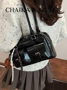 CHAIKA & KILTER 1 件女士亮面 PU 面料单肩包，时尚多口袋大容量波士顿保龄球包，带拉链开合，适合日常和户外使用（含吊坠） - 黑色 - 查看 7