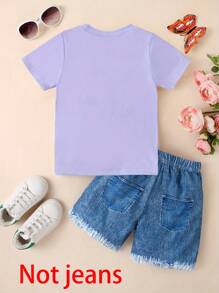 2pcs/Set Young Girl Casual 3D Deer Print Short Sleeve T-Shirt And Shorts Set, Summer