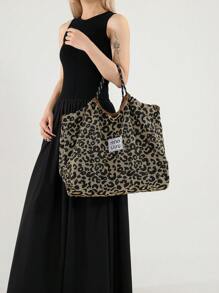 Leopard Print Drawstring Bag, Large Capacity Underarm Bag, Fashion Commuter Shoulder Bag, New Fall Winter Tiger Print Bag For Women, New Fall Winter Cheetah Print Purse For Women - Black - View 4