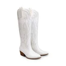 Womens Vintage Embroidered Western Boots Cowboy Knee High Boots Comfortable Pull On Side Zipper Chunky Heel Cowgirl  Retro Tall Boots - 白色 - 查看 5