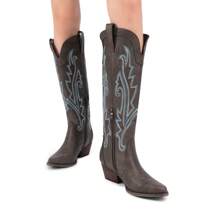 Womens Vintage Embroidered Western Boots Cowboy Knee High Boots Comfortable Pull On Side Zipper Chunky Heel Cowgirl  Retro Tall Boots - 棕色 - 查看 10