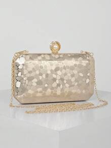 Simple Marble Pattern Box Shape Evening Clutch Bag, Suitable For Wedding, Party, Prom, Ladies Handbag, Shoulder Bag With Chain, Prom Bag For Party - Gold - View 4