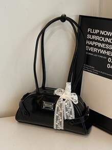 1pc Women Solid Color PU Shoulder Bag, Baseball/Bowling Bag Shape, With Scarf Decor, Suitable For Festival, Dating, Gift - Multicolor - View 2