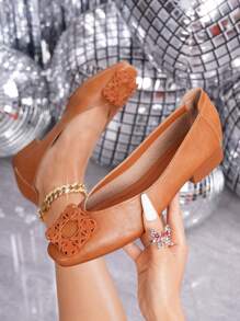 女士金属方头平底休闲度假风格纯色乐福鞋