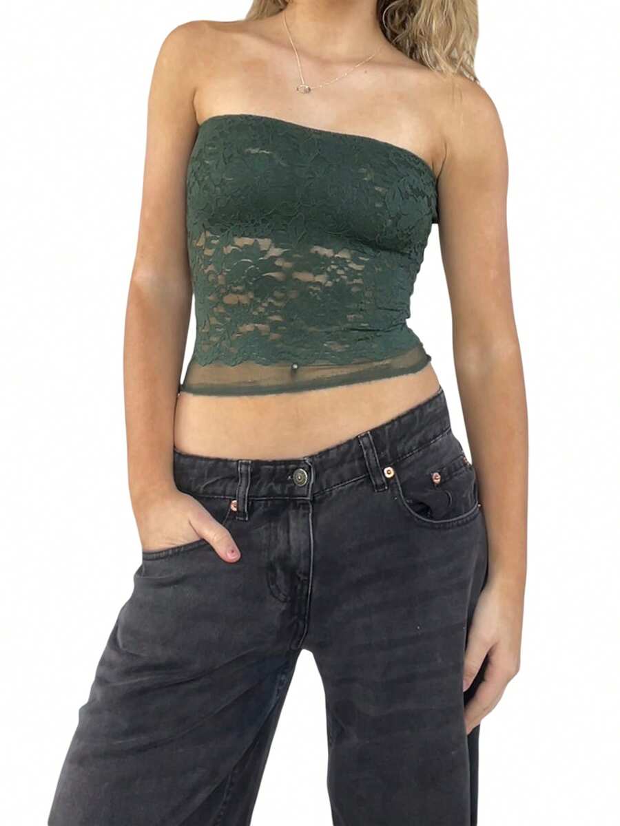 Women's Floral Lace See-Through Tube Top - Off-Shoulder Sleeveless Crop Top, Summer Streetwear Beachwear - xanh quân đội - Xem 1