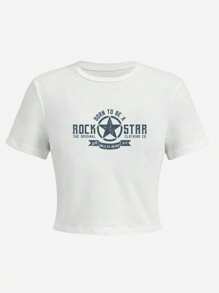 摇滚与明星图案性感短款 T 恤，修身摇滚印花 T 恤，复古夏季女式休闲圆领短款上衣图案 T 恤女式上衣，适合摇滚与音乐节 - 白色 - 查看 3