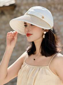 1pc Women's Summer Straw Buttoned Detachable Top Sun Hat, Minimalist Versatile Bucket Hat, Face-Shielding, Suitable For Daily Outing, Cycling, Vacation - A - View 2