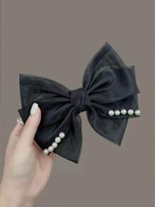 1 件女士高端缎面蝴蝶结珍珠发夹，时尚发髻夹发饰 - 彩色 - 查看 4