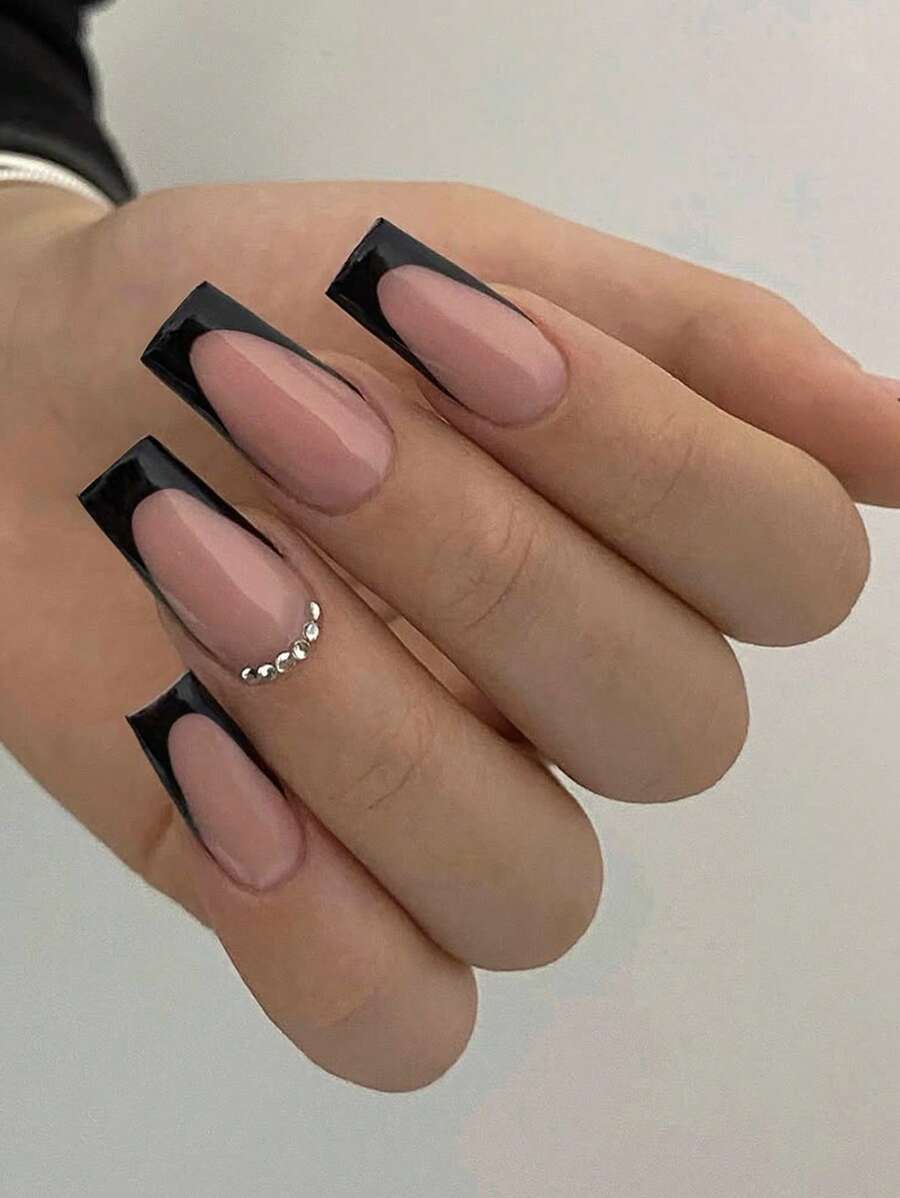 24pcs Black French Manicure Nail Stickers, Rectangular Shape With Rhinestone Decor, Minimalist Style, Full Coverage, Suitable For Women And Girls Daily Wear Nails Nail Supplies - Multicolor - View 1