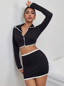 Rave Y2K 2Pcs Color Block Binding Trim Button Fly Long Sleeve Crop Top & Bodycon Mini Skirt Knit Sweater Set - Black - View 4