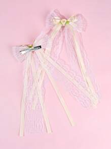 2pcs Beige Bow Hair Clips,Lace Long Tail Hairpins,Flowers Bow Hair Accessories For Toddlers Kids Spring Summer Gifts
