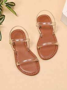 1双儿童棕色凉鞋，透明PU绑带，后跟绑带设计，圆头露趾平底防滑时尚奢华可爱罗马凉鞋，适合3-12岁男孩女孩，日常、派对、旅行，2026夏季款 - 無色 - 查看 2