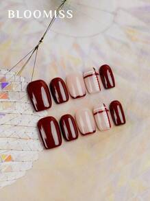 10pcs Handmade Press-On Nails, Burgundy Short Length Refined Style, Reusable Wearable Nail Tips - Burgundy - View 1
