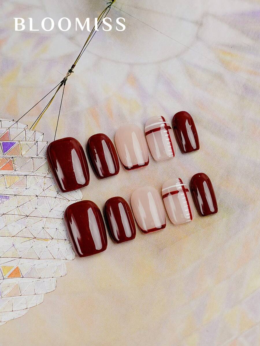 10pcs Handmade Press-On Nails, Burgundy Short Length Refined Style, Reusable Wearable Nail Tips - Burgundy - View 1