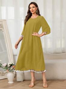 女士夏季休闲复古简约流苏袖长裙 - 黃色 - 查看 4