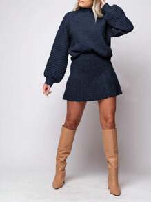 Womens 2 Piece Outfits Long Sleeve Mock Neck Ribbed Sweater And Mini Skirt Set 2025 - Màu xanh hải quân - Xem 1