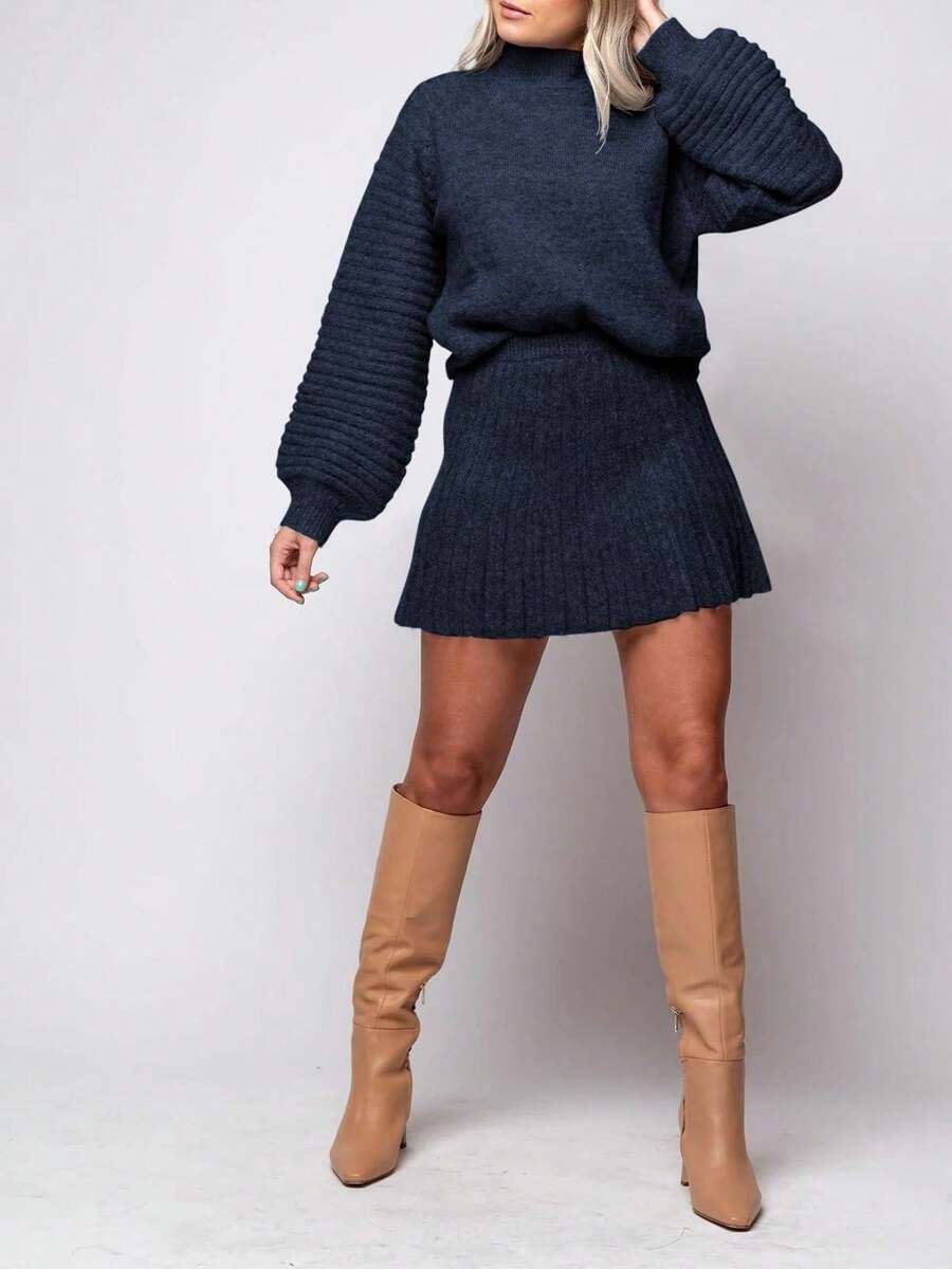 Womens 2 Piece Outfits Long Sleeve Mock Neck Ribbed Sweater And Mini Skirt Set 2025 - Màu xanh hải quân - Xem 1