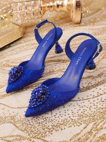 Venus Chan 女士蓝色婚礼高跟鞋意大利设计水钻装饰尖头华丽派对 2025 INS 女士大码鞋派对高跟鞋 - 藍色 - 查看 13