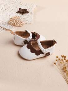 1 Pair Girls Plain Floral Hook And Loop Design Flat Fashionable Cute Princess Shoes,Suitable For Spring And Autumn
