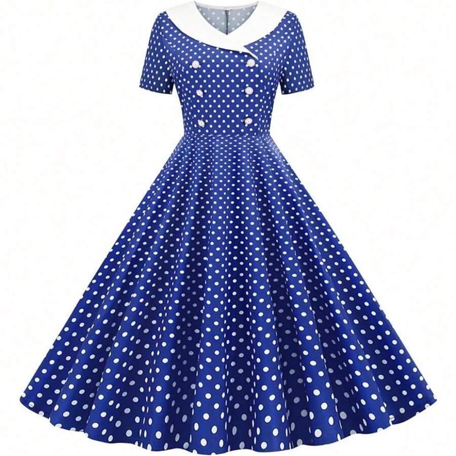 Women Double Breasted Notch Lapel 50s Vintage Short Sleeve Cocktail Swing Dress Polka Dot 1950s Midi Dress