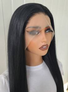 13x4蕾丝前置合成假发，预先拔毛，长直发，无需胶水，1B黑色，女士假发，26英寸，即插即用，适合初学者