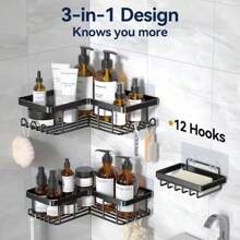 3PCS Stainless Steel Corner Shower Rack With No Drilling, Wall-Mounted Bathroom Storage Rack For RV Showers And Bathtubs - Black - View 3